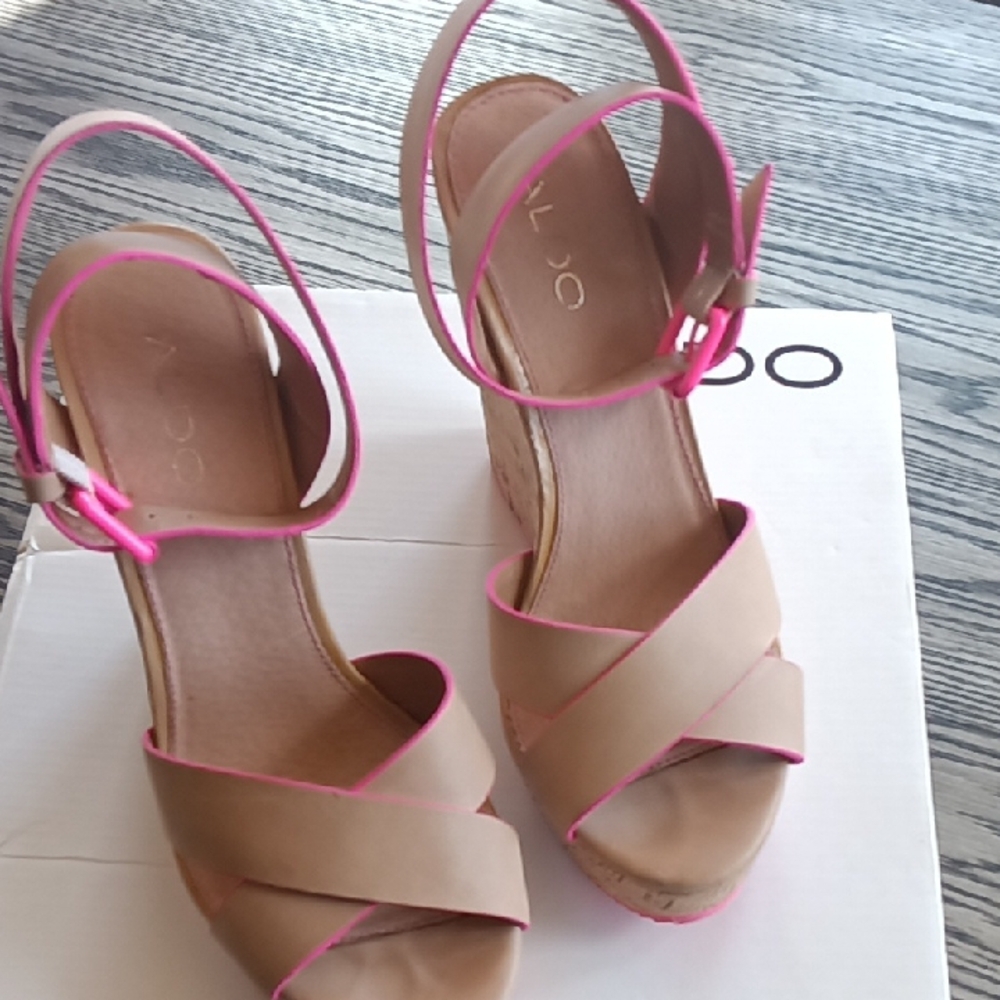 Aldo Tan and Pink Wedge Sandals with Strappy Design